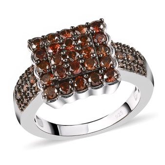 front view of red diamond square cluster ring in black and white rhodium over sterling silver