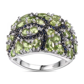 front view of green apatite and blue sapphire ring in rhodium over solid 925 sterling silver