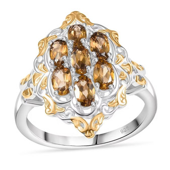 Front view of a Bronze Diaspore Cluster Ring featuring multiple oval-cut diaspores in a detailed two-tone 18k yellow gold and rhodium floral frame Front view of a Bronze Diaspore Cluster Ring featuring multiple oval-cut diaspores in a detailed two-tone 18k yellow gold and rhodium floral frame