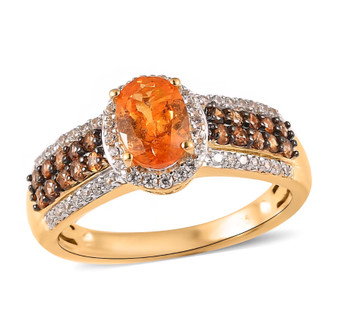 front view of spessartine garnet oval brown and white zircon ring in 18k yellow gold over sterling silver