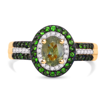 front view of a Demantoid, Tsavorite Garnet, and Moissanite Double Halo Ring displaying the radiant green gemstone center surrounded by tsavorite and moissanite accents front view of a Demantoid, Tsavorite Garnet, and Moissanite Double Halo Ring displaying the radiant green gemstone center surrounded by tsavorite and moissanite accents