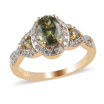 front view of a Demantoid Garnet and White Zircon Halo Infinity Shank Ring in 18k yellow gold over sterling silver, featuring a sparkling green demantoid centerpiece with halo accents front view of a Demantoid Garnet and White Zircon Halo Infinity Shank Ring in 18k yellow gold over sterling silver, featuring a sparkling green demantoid centerpiece with halo accents
