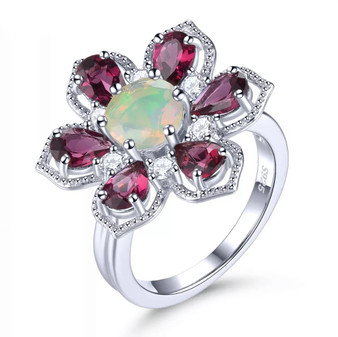 opal and rhodolite garnet flower ring in rhodium over sterling silver