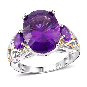 front view of amethyst trilogy oval ring in 18k yellow gold and rhodium over 925 sterling silver