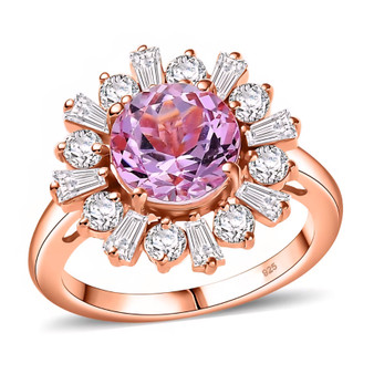 front view of kunzite and round moissanite halo ring in 18k rose gold over 925 sterling silver