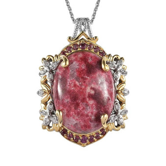front view of thulite rhodolite and zircon two tone pendant necklace in 18k yellow gold and rhodium over sterling silver featuring large oval thulite cabochon framed by floral zircon accents front view of thulite rhodolite and zircon two tone pendant necklace in 18k yellow gold and rhodium over sterling silver featuring large oval thulite cabochon framed by floral zircon accents