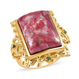 front view of thulite and chrome diopside cocktail ring in 18k yellow gold over sterling silver featuring rectangular pink thulite centerpiece framed by scrolling gold accents and green gemstones front view of thulite and chrome diopside cocktail ring in 18k yellow gold over sterling silver featuring rectangular pink thulite centerpiece framed by scrolling gold accents and green gemstones