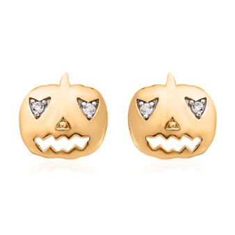 front view of pumpkin stud earrings with white zircon in 18k yellow gold over 925 silver