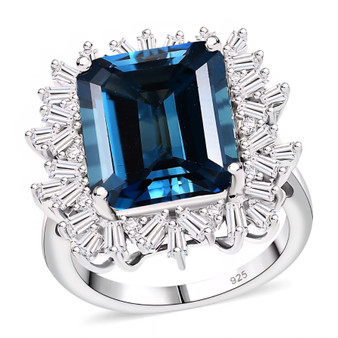 front view of london blue topaz and white zircon baguette halo ring in rhodium over 925 silver showing emerald cut gemstone