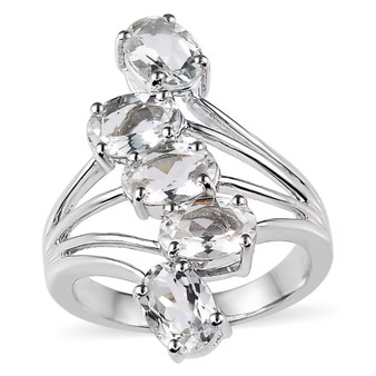 front view of goshenite five faceted stone ring in rhodium over sterling silver