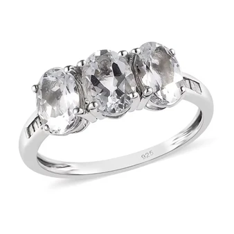 front view of goshenite and faceted diamond trilogy ring in rhodium over sterling silver