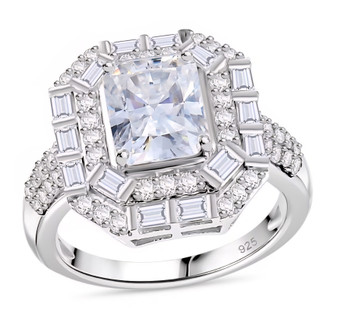 front view of radiant cut moissanite double halo ring in rhodium over 925 silver