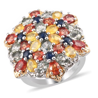 front view of multi-color sapphire oval cluster ring in rhodium and 18k yellow gold over silver