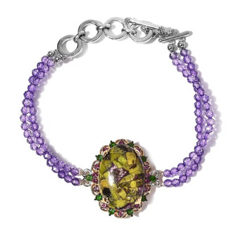 top view of atlantisite amethyst beads and multi gem toggle bracelet in rhodium over sterling silver showing symmetrical double strands and gemstone centerpiece arrangement