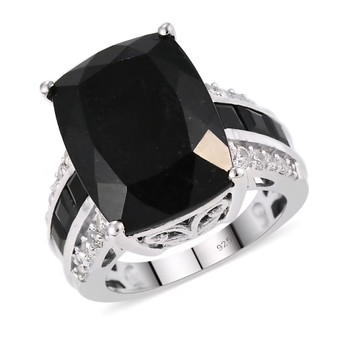 front view of black tourmaline black spinel and white zircon ring in rhodium over sterling silver
