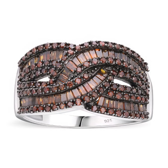 front view of red diamond round bypass ring in white and black rhodium over sterling silver