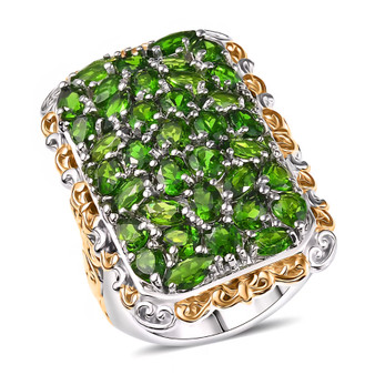 front view of rectangular chrome diopside cluster ring in two tone sterling silver with gold scrollwork detailing and brilliant green gemstones front view of rectangular chrome diopside cluster ring in two tone sterling silver with gold scrollwork detailing and brilliant green gemstones