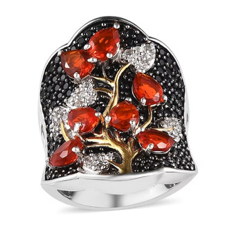 front view of fire opal black spinel and zircon cluster ring in 18k yellow gold and rhodium over sterling silver