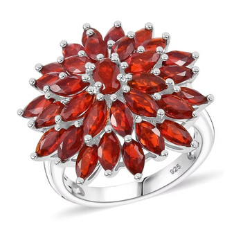 front view of mexican fire opal flower cluster ring in rhodium over sterling silver
