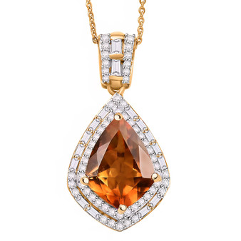 front view of madeira citrine pendant with moissanite halo and baguette accents in 18k yellow gold over sterling silver front view of madeira citrine pendant with moissanite halo and baguette accents in 18k yellow gold over sterling silver