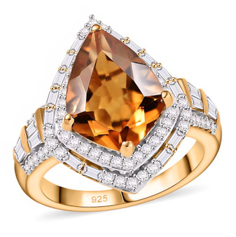 front view of madeira citrine kite cut ring with moissanite halo and baguette accents in 18k yellow gold over sterling silver front view of madeira citrine kite cut ring with moissanite halo and baguette accents in 18k yellow gold over sterling silver