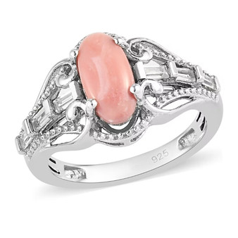 front view of peach opal cabochon and white zircon ring in rhodium over sterling silver