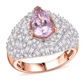 front view of kunzite pear ring with moissanite baguette and round accents in 18k rose gold and rhodium over sterling silver