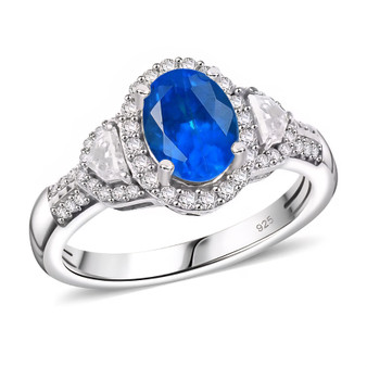 front view of neon apatite oval and moissanite halo ring in rhodium over sterling silver