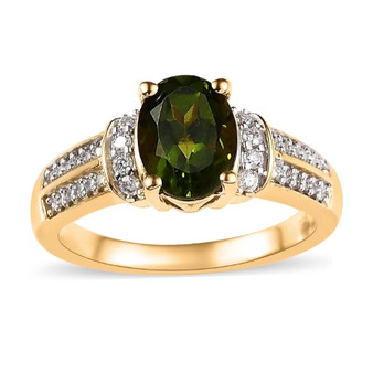 front view of vesuvianite and oval moissanite ring in 18k yellow gold over sterling silver