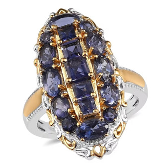 front view of iolite enlongated oval cluster ring in two-tone 18k yellow gold and rhodium over sterling silver