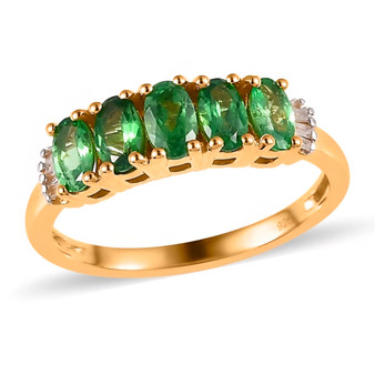 front view of tsavorite garnet and diamond five stone band ring in 18k yellow gold over sterling silver featuring oval-cut tsavorite garnets framed by diamond accents
