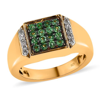 front view of tsavorite garnet and white zircon cluster gent’s ring in 18k yellow gold over sterling silver featuring square pavé tsavorite center and white zircon side accents