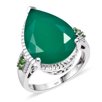 Large pear-shaped Green Onyx ring accented by Chrome Diopside and Zircon, set in polished rhodium over sterling silver