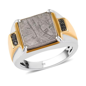 front angled view of men’s meteorite and black diamond ring crafted in two-tone 18k yellow gold and rhodium-plated sterling silver with square meteorite center