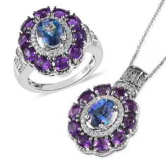 mystic blue petalite amethyst and zircon double halo jewelry set in rhodium over sterling silver