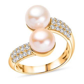 front view of white peach freshwater pearl and zircon bypass ring in 18k yellow gold over sterling silver
