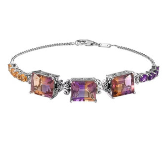 front view of ametrine amethyst and citrine station bracelet showing gemstone stations with decorative gallery work