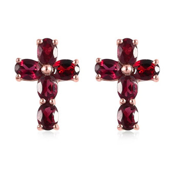 front view of anthill garnet cross stud earrings showing symmetrical oval gemstone arrangement