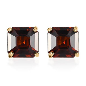 front view of red zircon asscher cut stud earrings in 10k yellow gold
