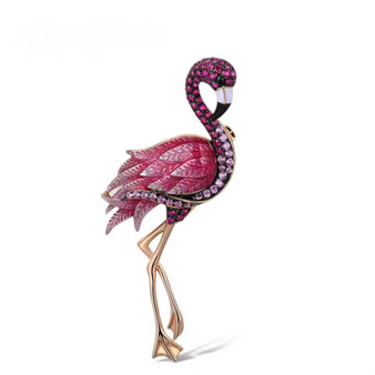 front view of lab-grown pink sapphire and black spinel flamingo brooch in rose gold over sterling silver