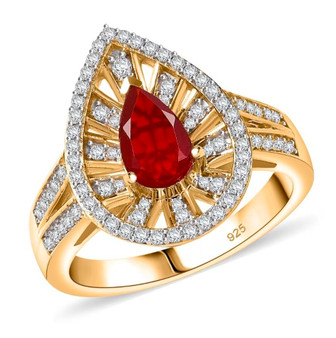front view of fire opal and moissanite pear halo ring in 18k yellow gold over sterling silver
