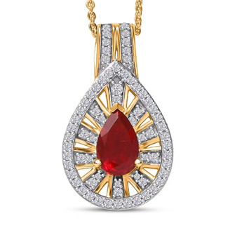 front view of fire opal and moissanite pear halo pendant necklace in 18k yellow gold over sterling silver