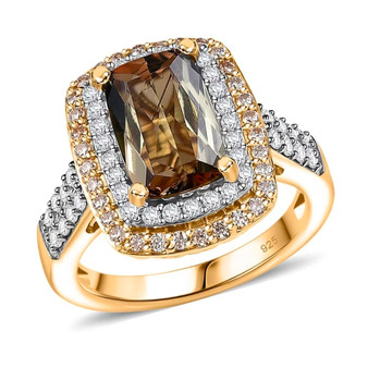 front view of andalusite white and champagne moissanite cushion double halo ring in 18k yellow gold over sterling silver