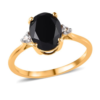 front view of black tourmaline oval solitaire ring with white zircon accents in yellow gold