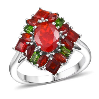 front view of fire opal and chrome diopside cluster ring in rhodium over sterling silver