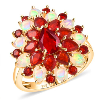 front view of fire opal and ethiopian opal pear cluster ring in 18k yellow gold over sterling silver
