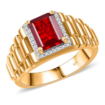 front view of fire opal and moissanite emerald cut halo men’s ring in 18k yellow gold over sterling silver