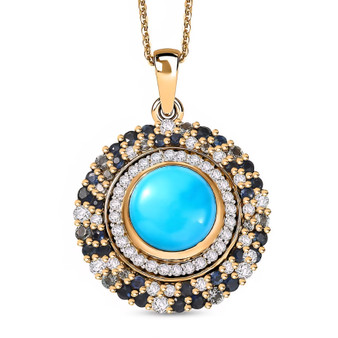 turquoise cabochon halo pendant with blue sapphires and white moissanite in 18k yellow gold over sterling silver front view