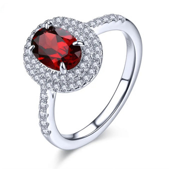 garnet and white zircon double halo ring in rhodium over sterling silver