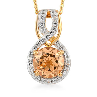 front view of imperial garnet and zircon round infinity pendant necklace in 18k yellow gold over sterling silver
